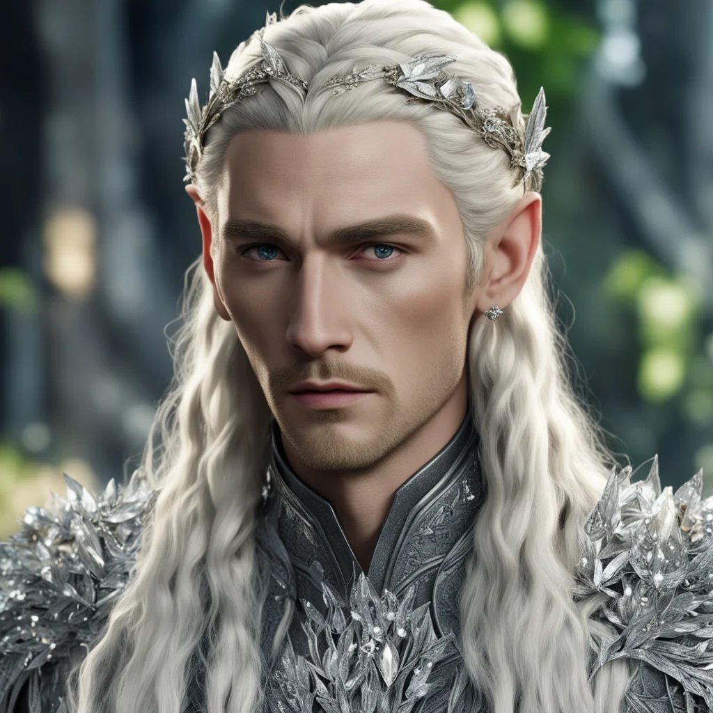 king thranduil with blond hair and braids wearing small silver leaves encrusted with diamonds and clusters of diamonds with center diamond cluster  amazing awesome portrait 2