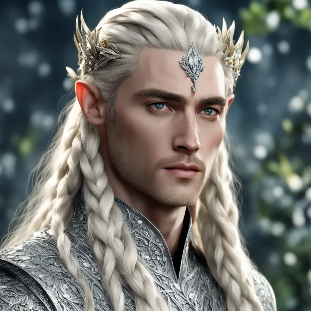 aiking thranduil with blond hair and braids wearing small silver leaves encrusted with diamonds and clusters of diamonds with center diamond cluster  confident engaging wow artstation art 3