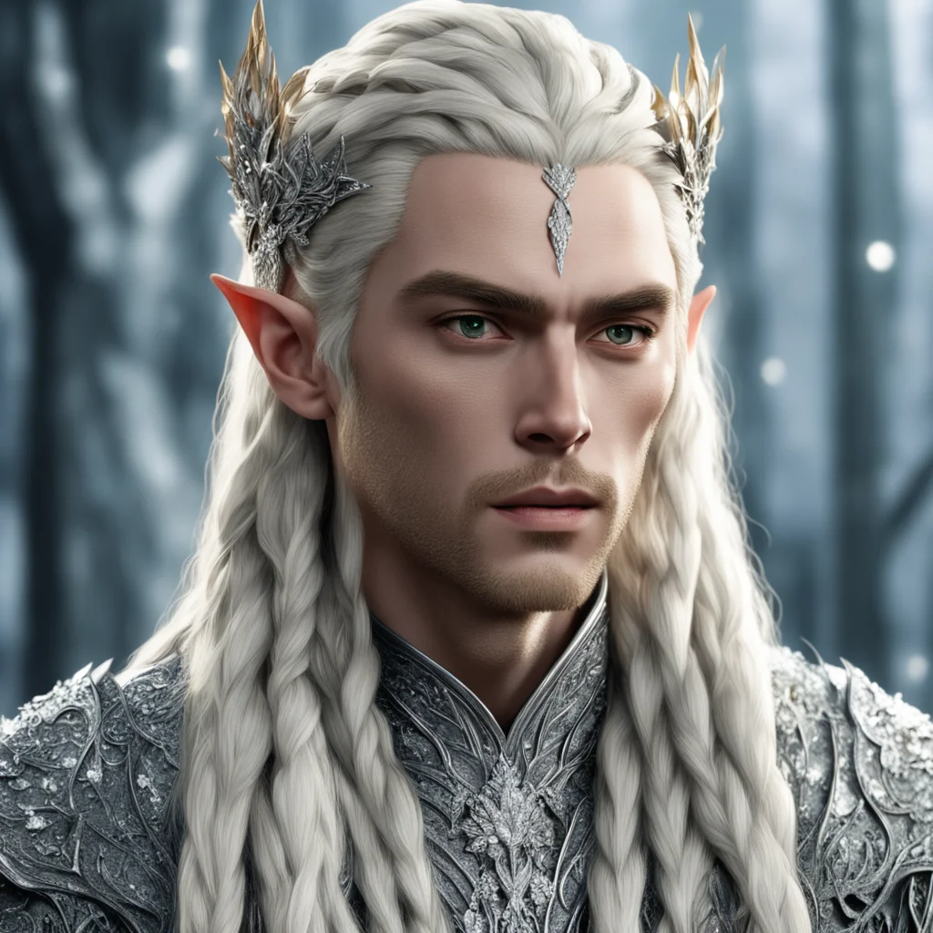 aiking thranduil with blond hair and braids wearing small silver leaves encrusted with diamonds and clusters of diamonds with center diamond cluster amazing awesome portrait 2