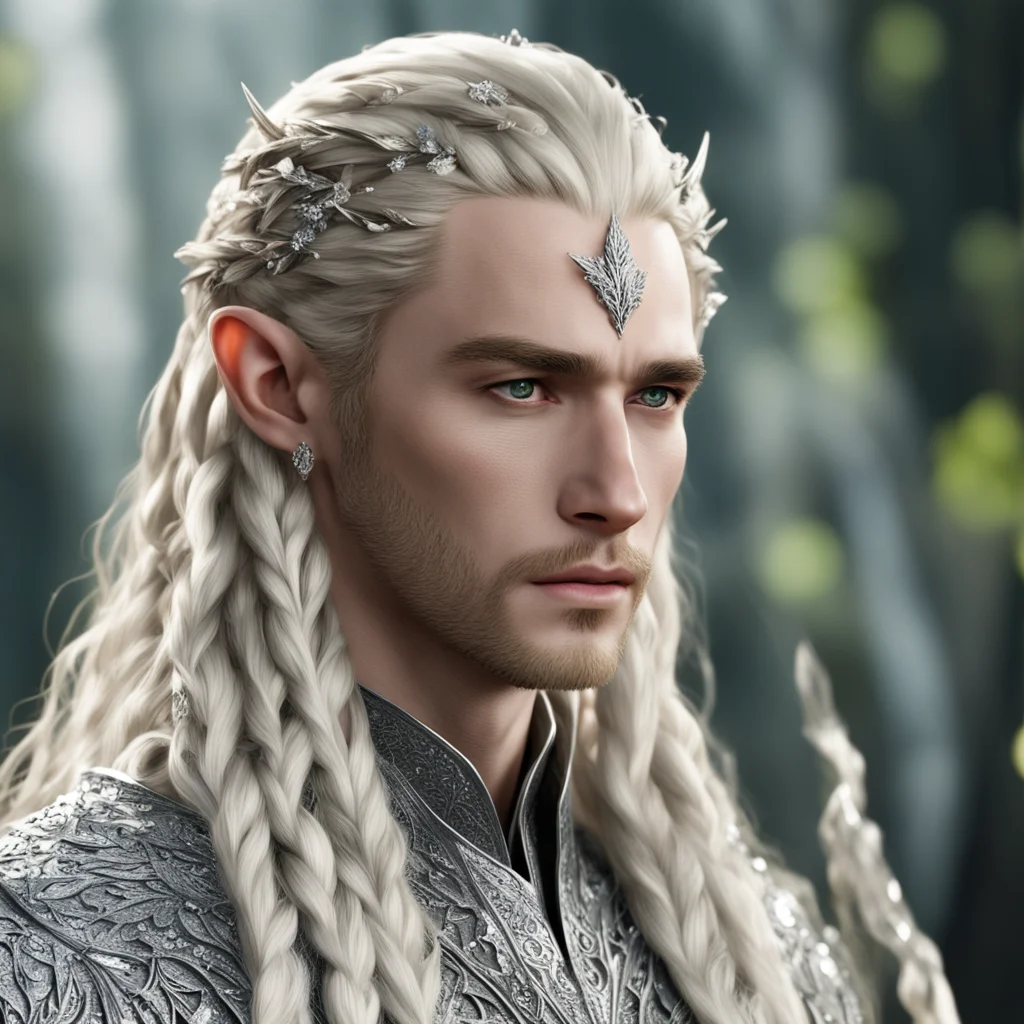 aiking thranduil with blond hair and braids wearing small silver leaves encrusted with diamonds and clusters of diamonds with center diamond cluster confident engaging wow artstation art 3