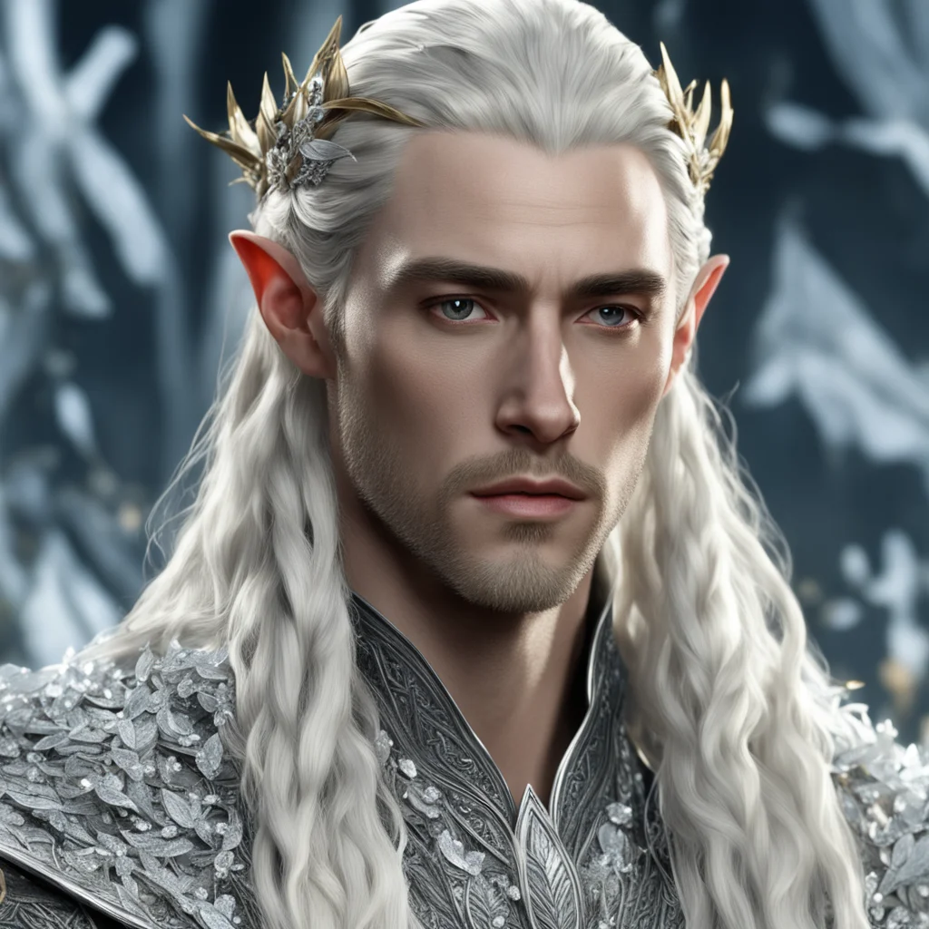 king thranduil with blond hair and braids wearing small silver leaves encrusted with diamonds and clusters of diamonds with center diamond cluster good looking trending fantastic 1