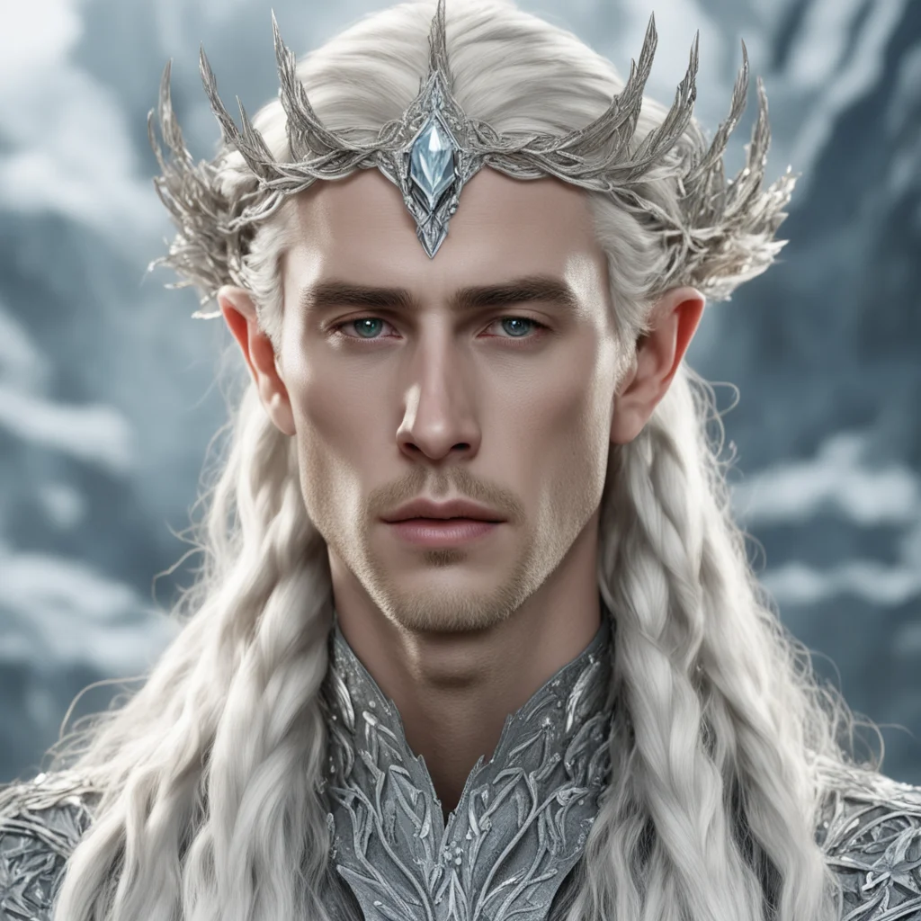 king thranduil with blond hair and braids wearing small silver leaves encrusted with diamonds intertwined to form a silver serpentine elvish circlet with large center diamond