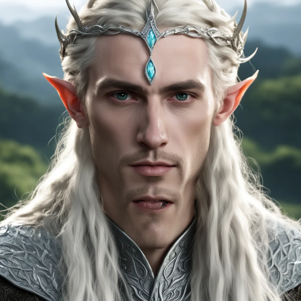 king thranduil with blond hair and braids wearing small silver serpentine elvish circlet with diamonds with large center diamond good looking trending fantastic 1