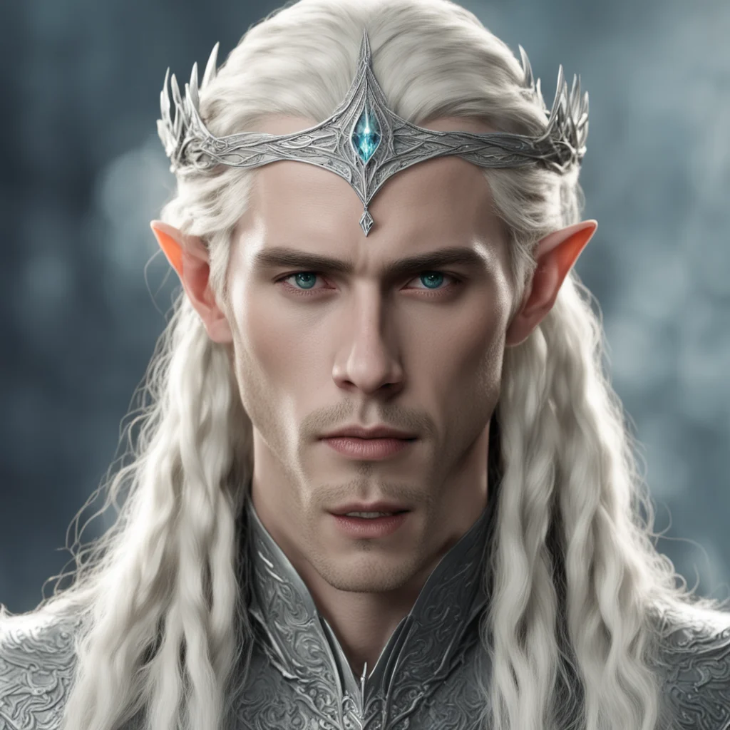 king thranduil with blond hair and braids wearing small silver serpentine elvish circlet with large center diamond good looking trending fantastic 1