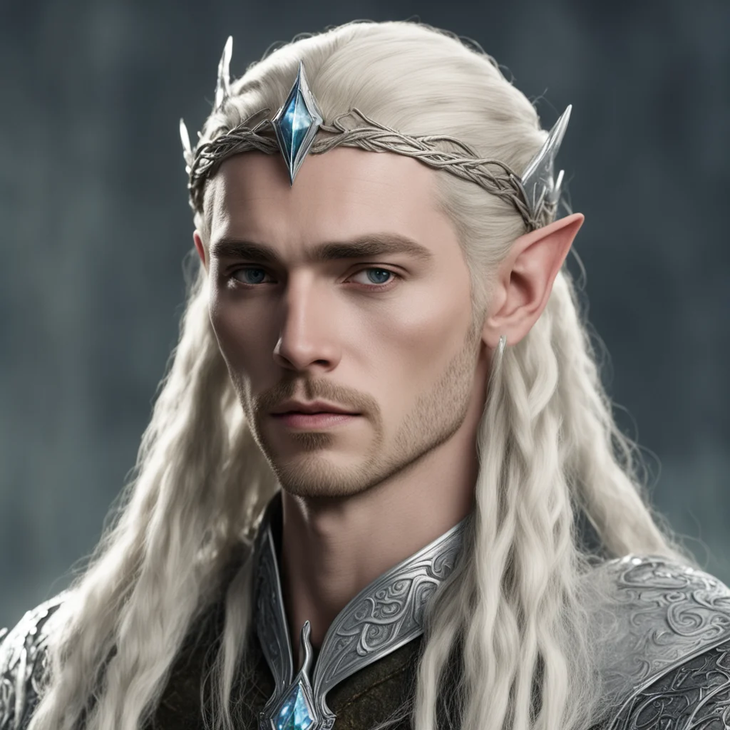 king thranduil with blond hair and braids wearing small silver serpentine sindarin elvish circlet with large center diamond  confident engaging wow artstation art 3