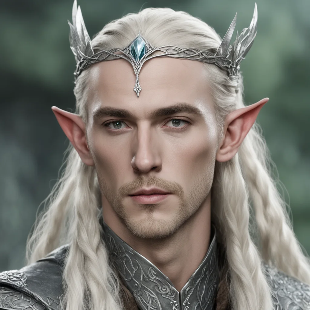 king thranduil with blond hair and braids wearing small silver serpentine sindarin elvish circlet with large center diamond  good looking trending fantastic 1