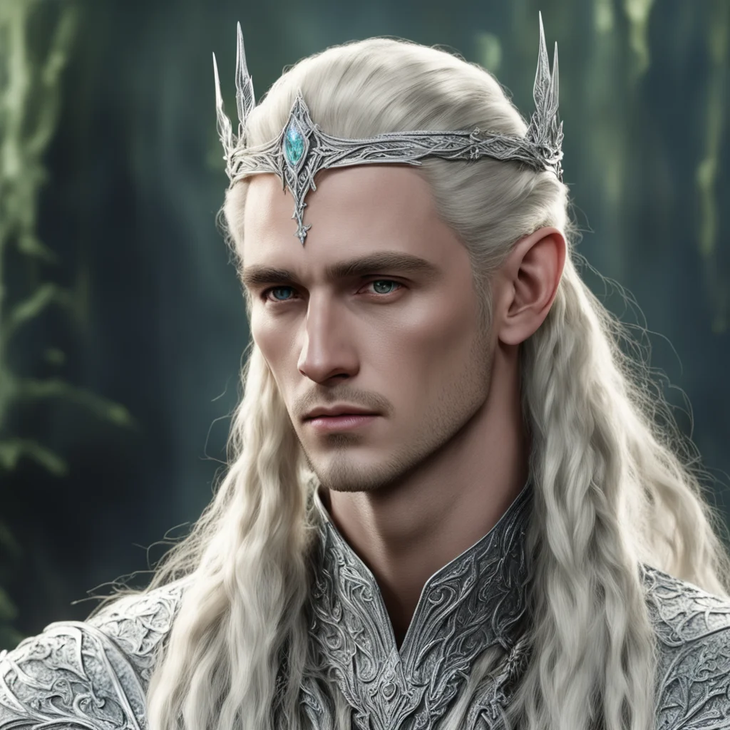 king thranduil with blond hair and braids wearing small silver sindarin elvish circlet encrusted with diamonds with center diamond  confident engaging wow artstation art 3