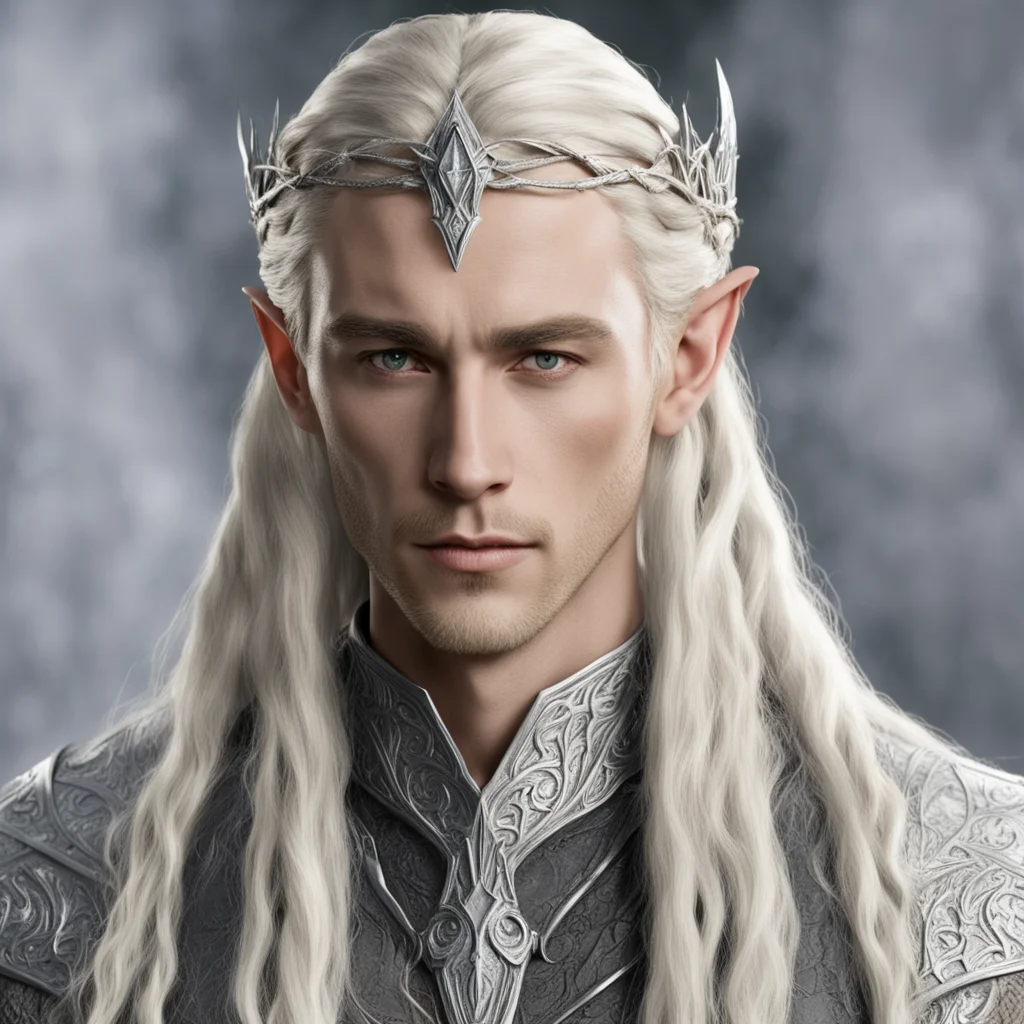 king thranduil with blond hair and braids wearing small silver sindarin elvish circlet with large center diamond  confident engaging wow artstation art 3