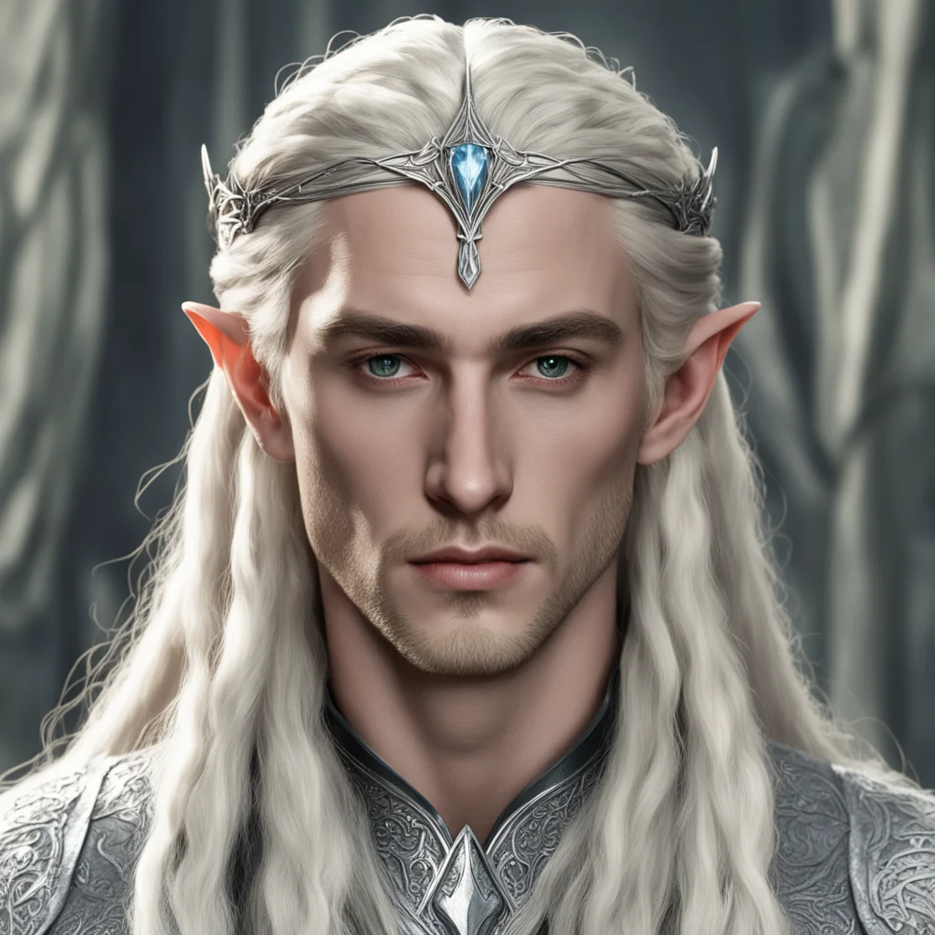 king thranduil with blond hair and braids wearing small silver sindarin elvish circlet with large center diamond amazing awesome portrait 2