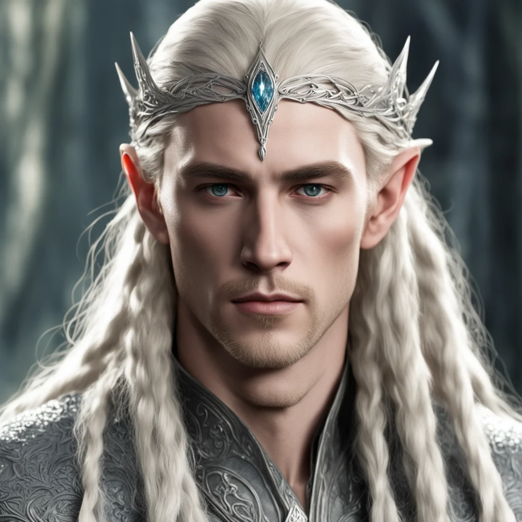 king thranduil with blond hair and braids wearing small silver sindarin elvish circlet with large center diamond confident engaging wow artstation art 3