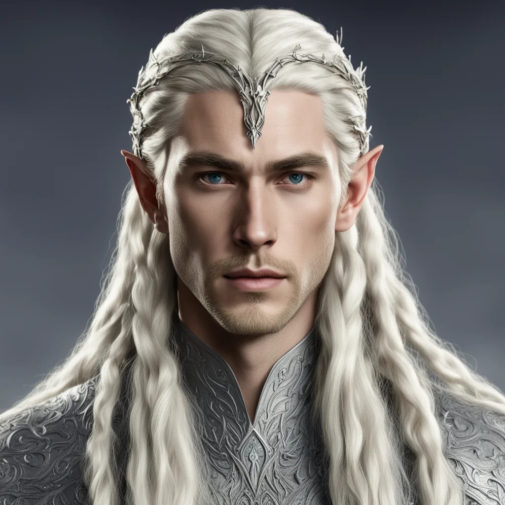 king thranduil with blond hair and braids wearing small silver sindarin elvish circlet with prominent center diamond confident engaging wow artstation art 3