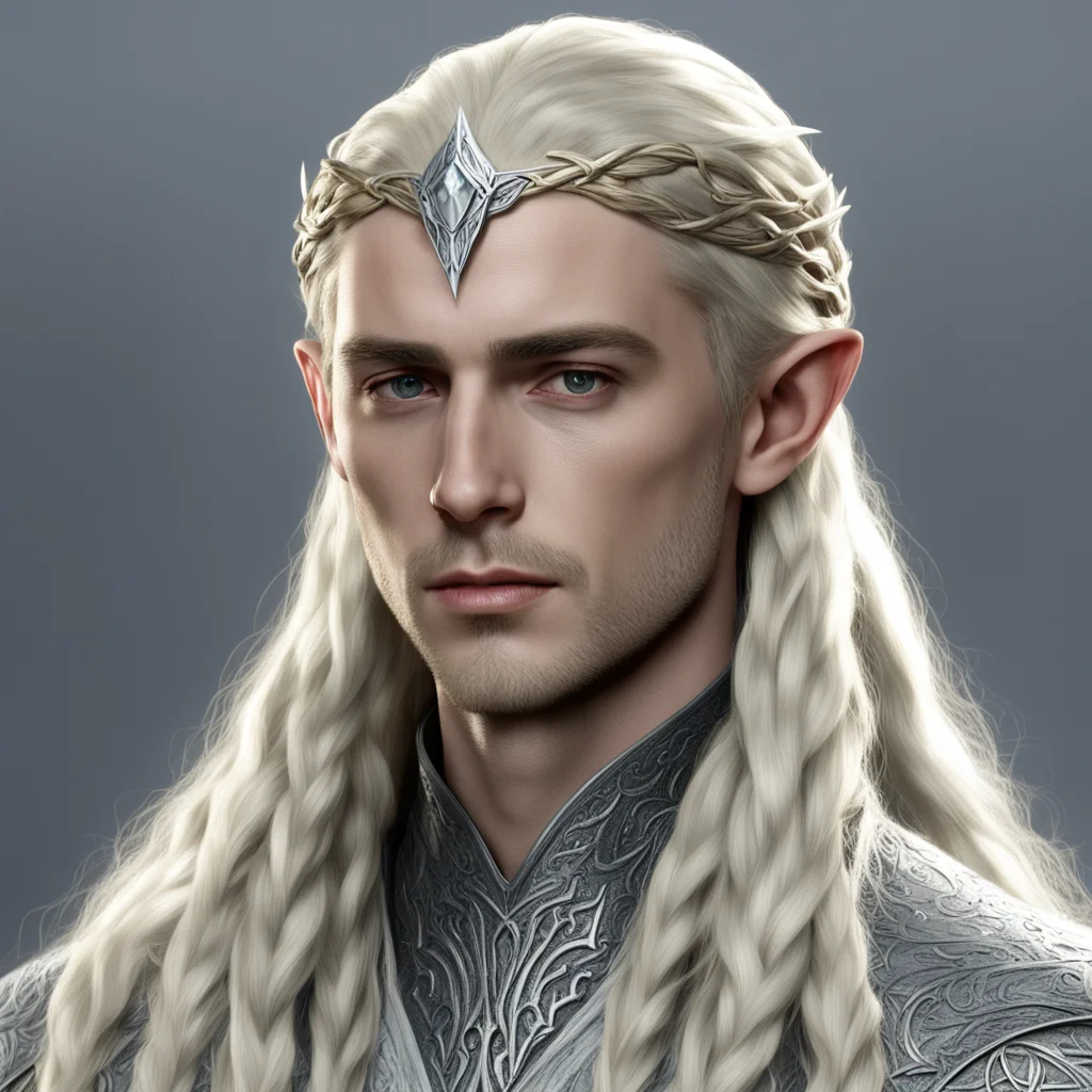 king thranduil with blond hair and braids wearing small silver sindarin elvish circlet with prominent center diamond