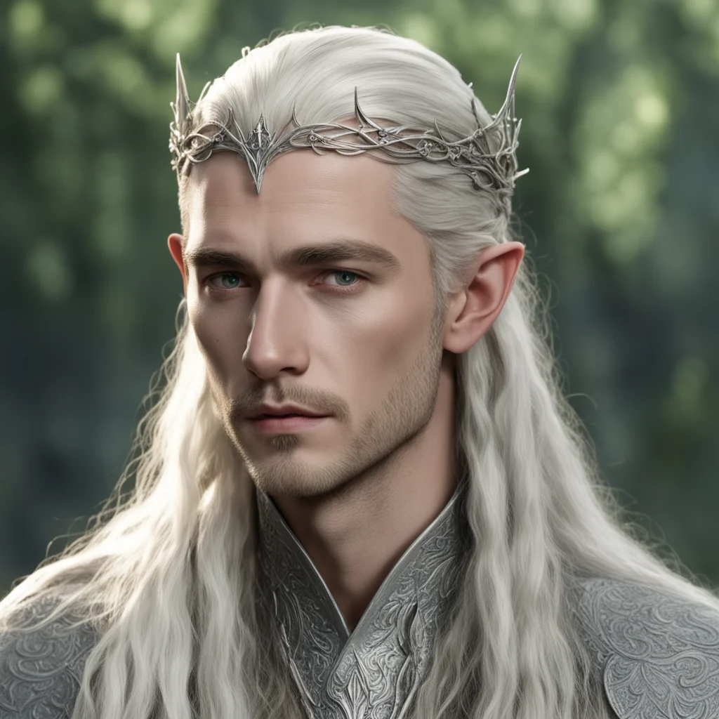 king thranduil with blond hair and braids wearing small silver vine elvish circlet with center diamond confident engaging wow artstation art 3
