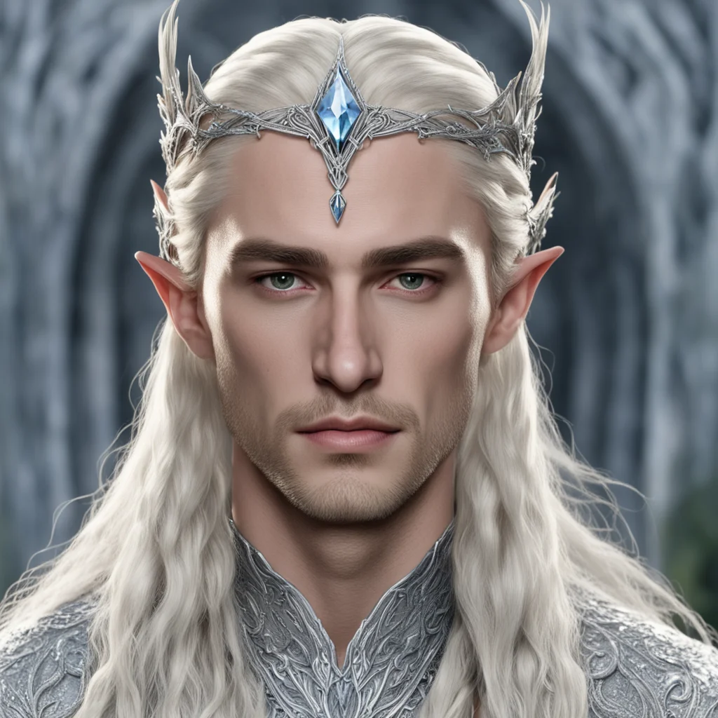 king thranduil with blond hair and braids wearing small silver vine encrusted with diamonds to form silver sindarin elvish circlet with large center diamond good looking trending fantastic 1