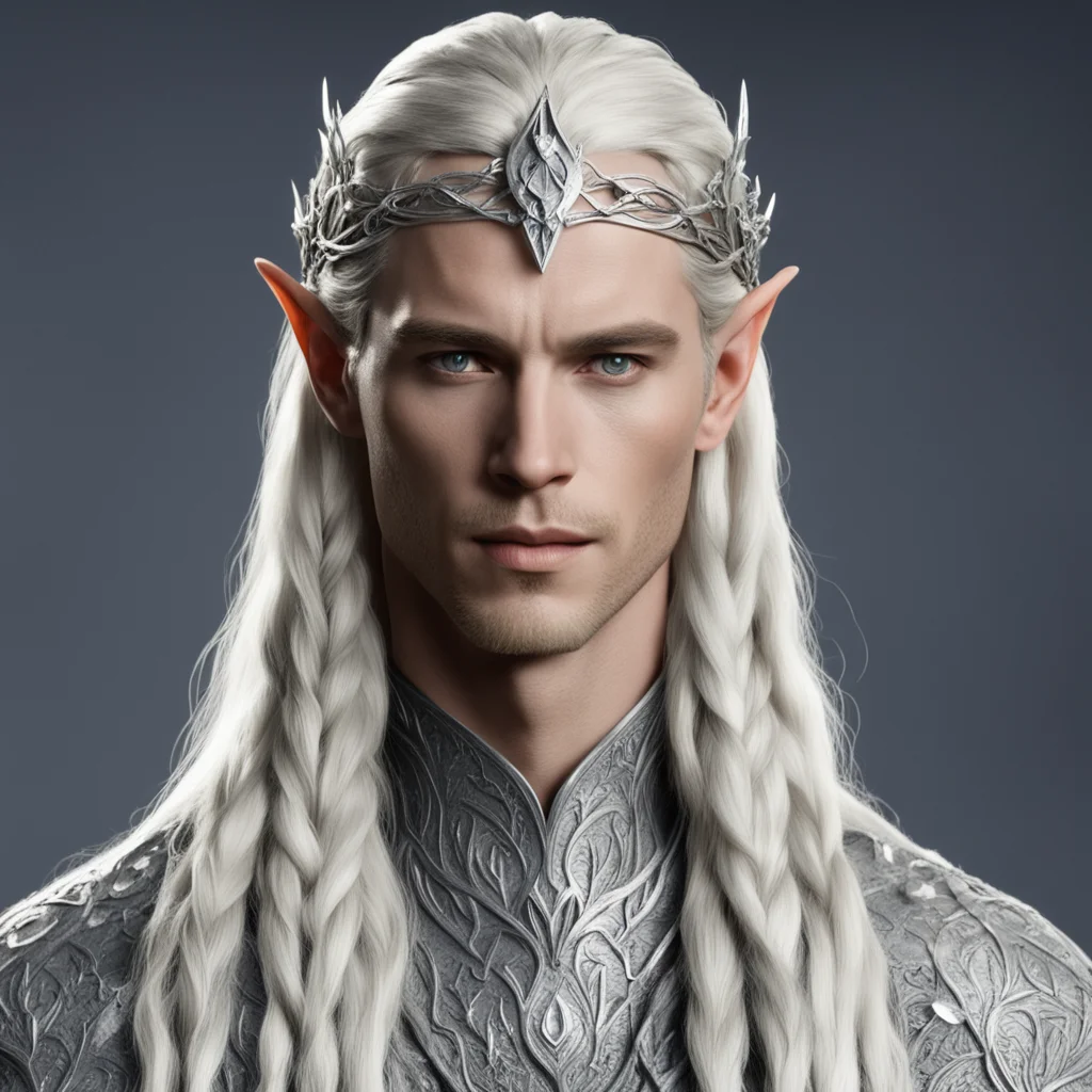 king thranduil with blond hair and braids wearing small silver vine intertwined silver sindarin circlet with small accent diamonds and large center diamond