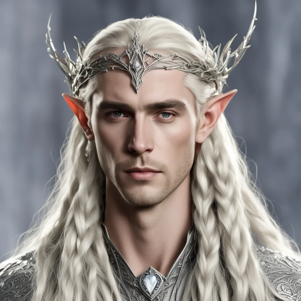 king thranduil with blond hair and braids wearing small silver vine silver elvish circlet with medium center diamond confident engaging wow artstation art 3