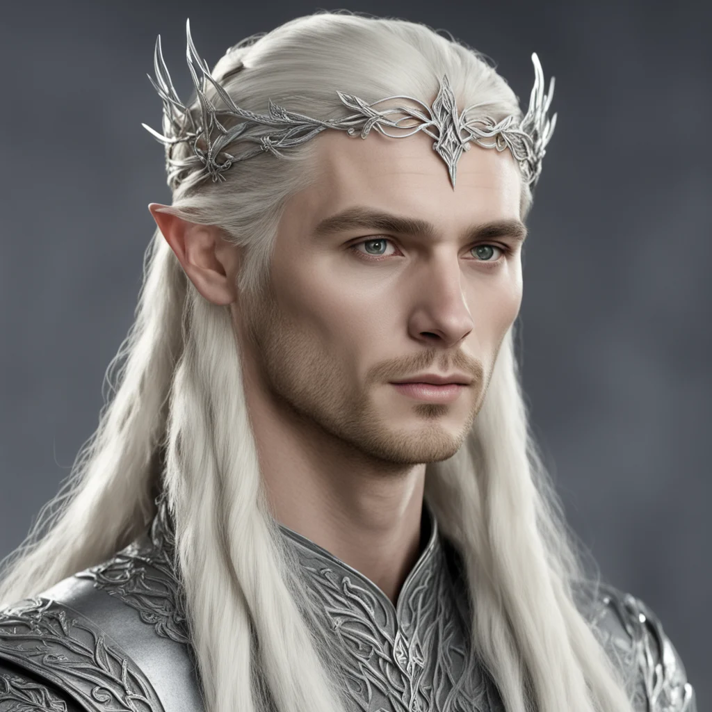 king thranduil with blond hair and braids wearing small silver vine silver elvish circlet with medium center diamond good looking trending fantastic 1