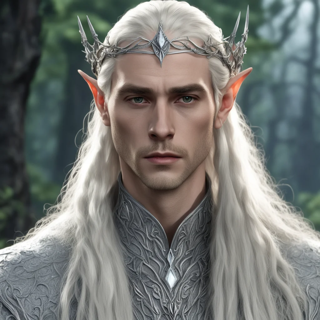 king thranduil with blond hair and braids wearing small silver vine silver elvish circlet with medium center diamond