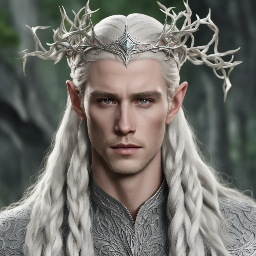 king thranduil with blond hair and braids wearing small silver vines intertwined silver elvish circlet with large diamond in the center amazing awesome portrait 2