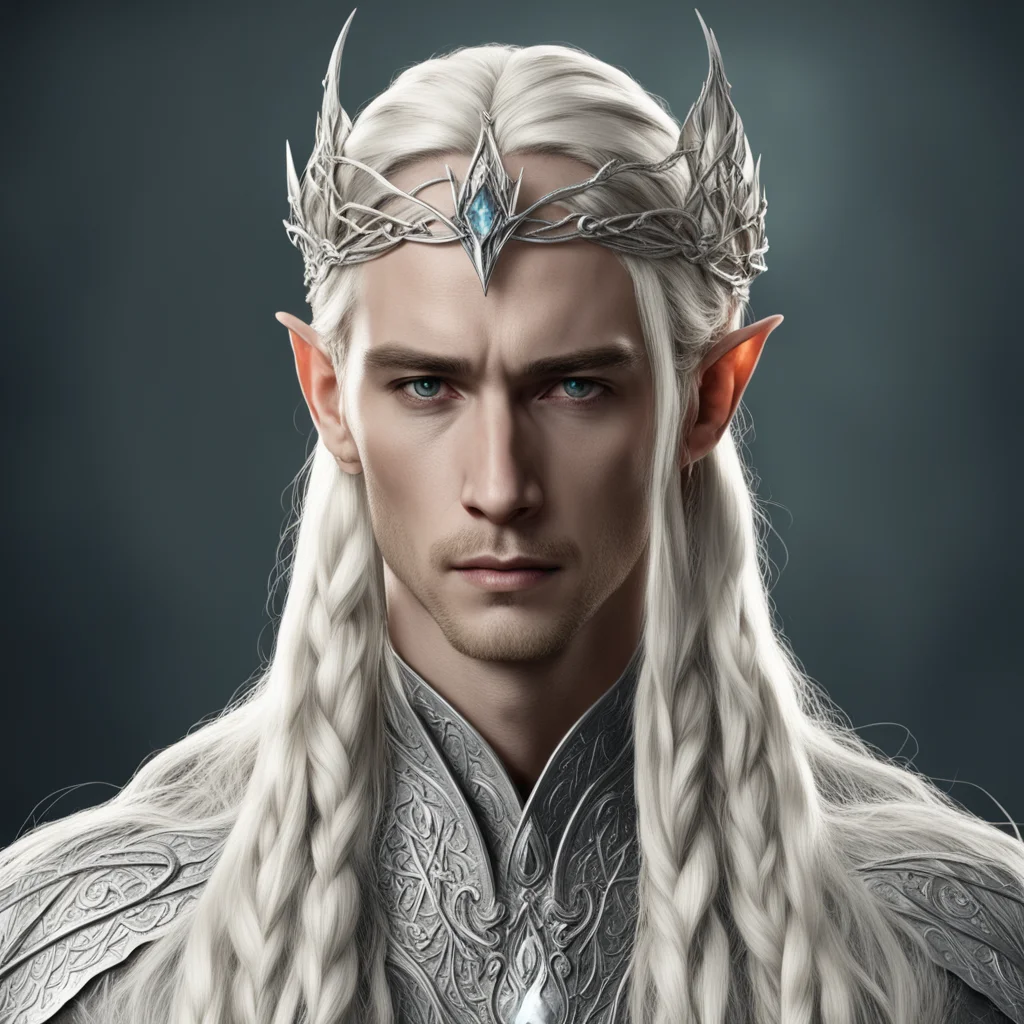 aiking thranduil with blond hair and braids wearing small silver vines intertwined silver elvish circlet with large diamond in the center confident engaging wow artstation art 3
