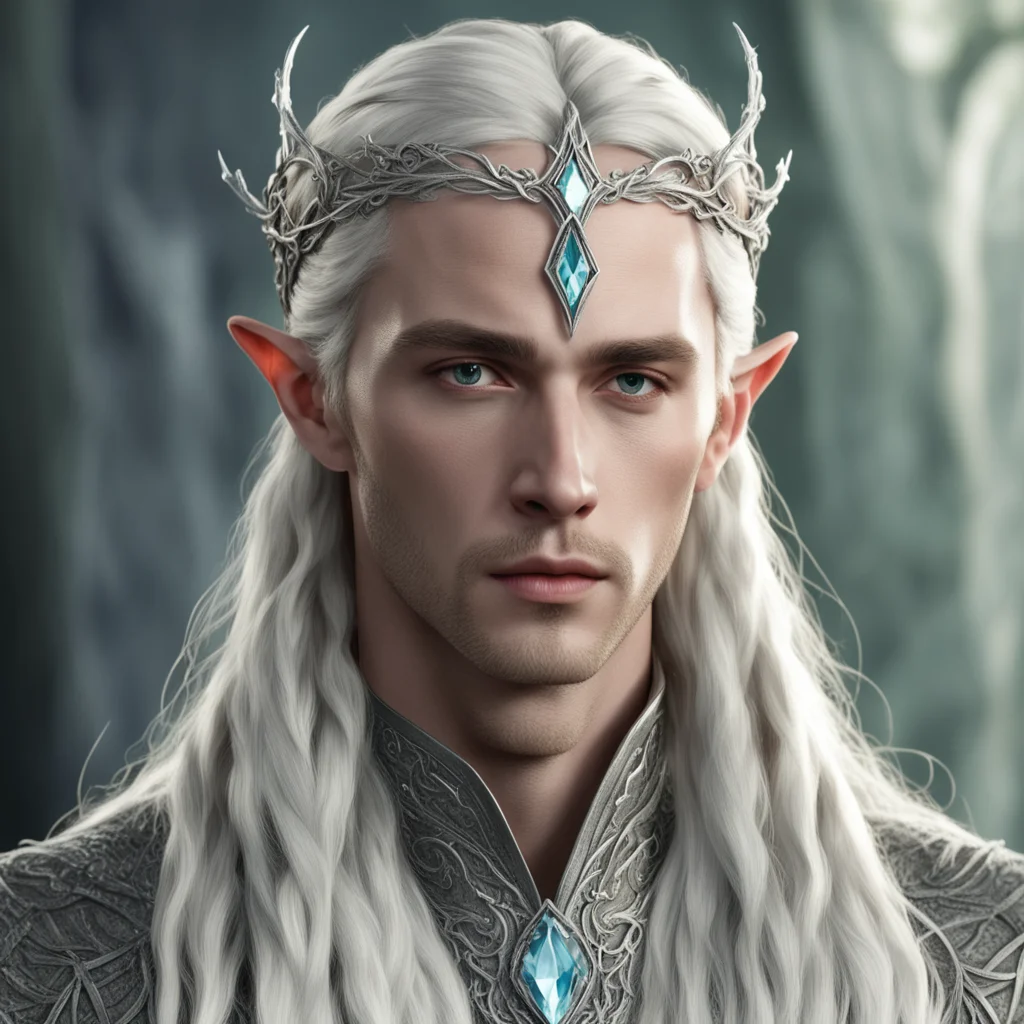 king thranduil with blond hair and braids wearing small silver vines intertwined silver elvish circlet with large diamond in the center good looking trending fantastic 1