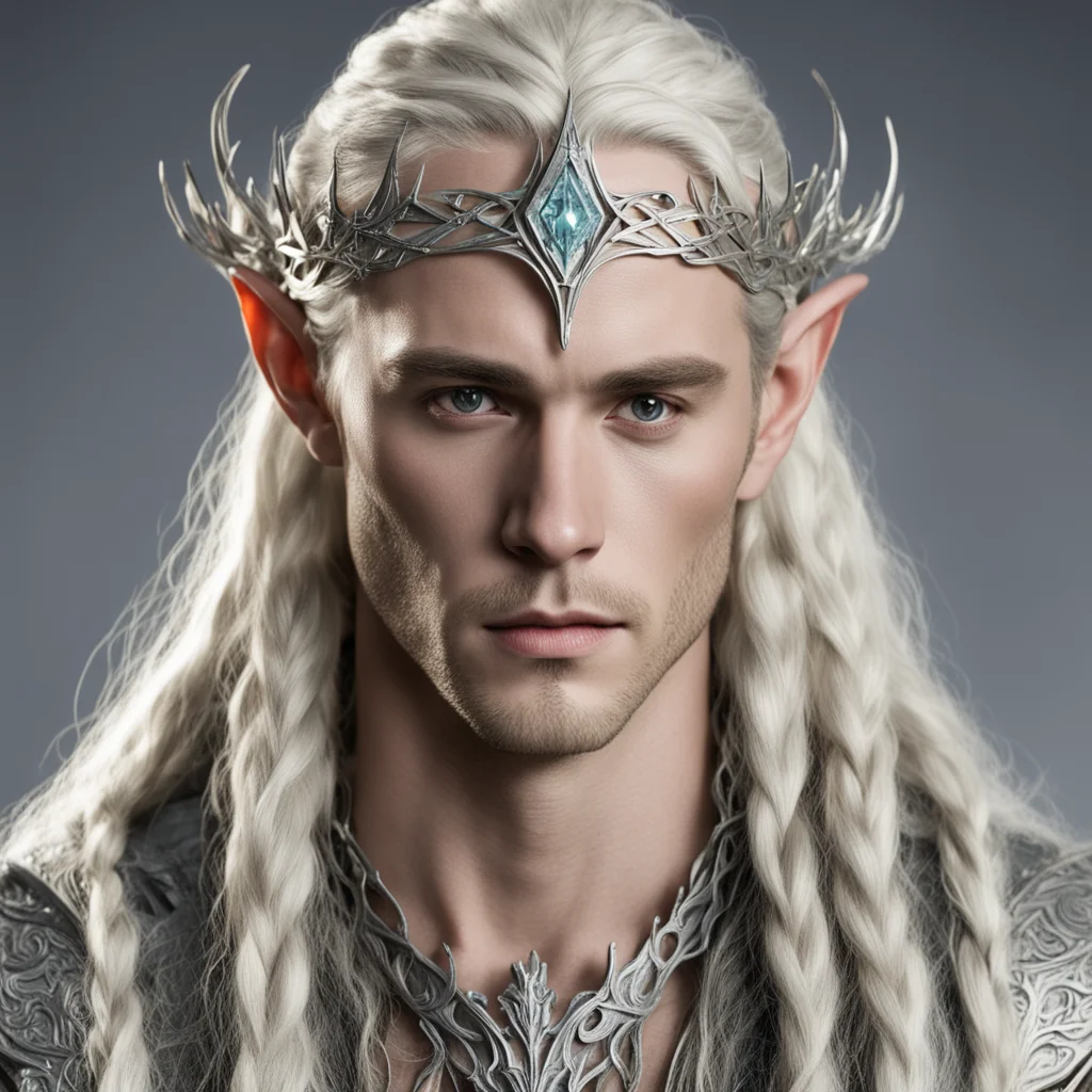 king thranduil with blond hair and braids wearing small silver wood elvish circlet with center diamond good looking trending fantastic 1