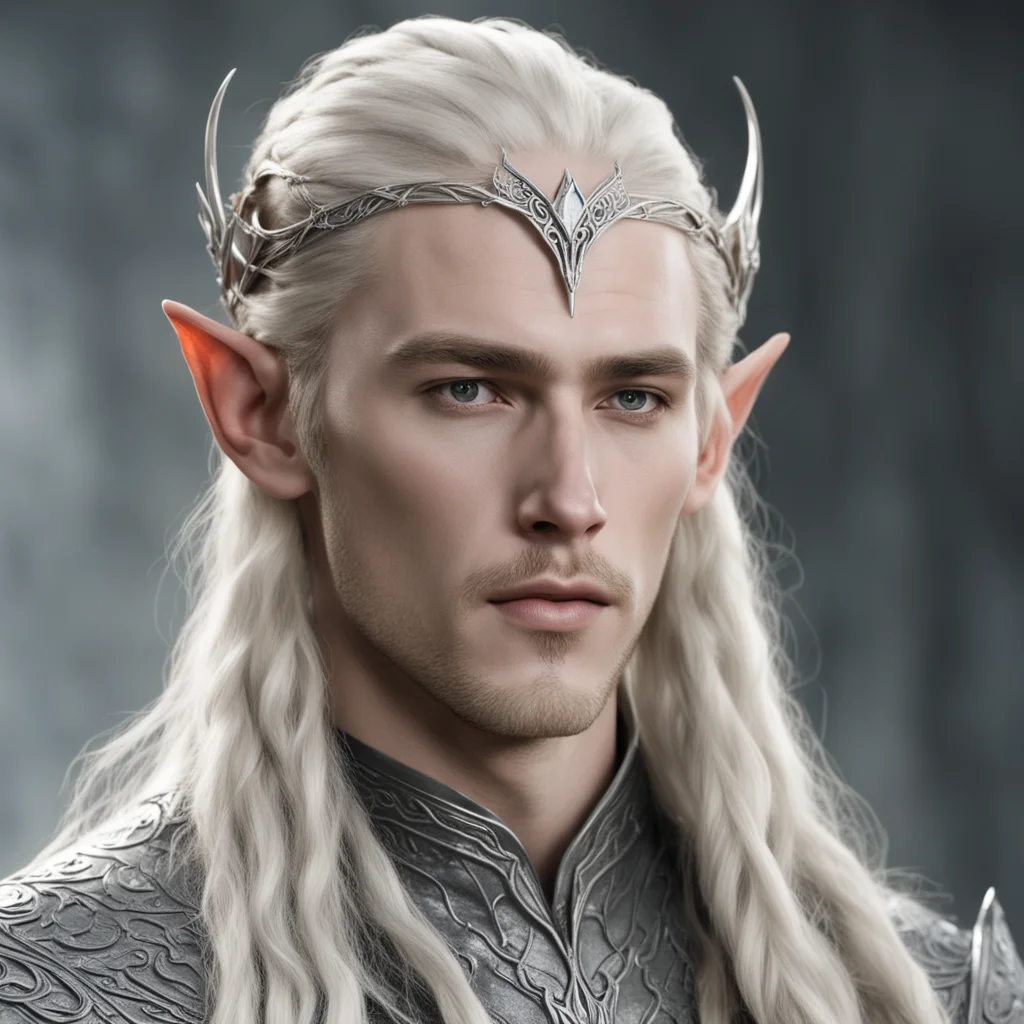 aiking thranduil with blond hair and braids wearing small silver wood elvish circlet with center diamond