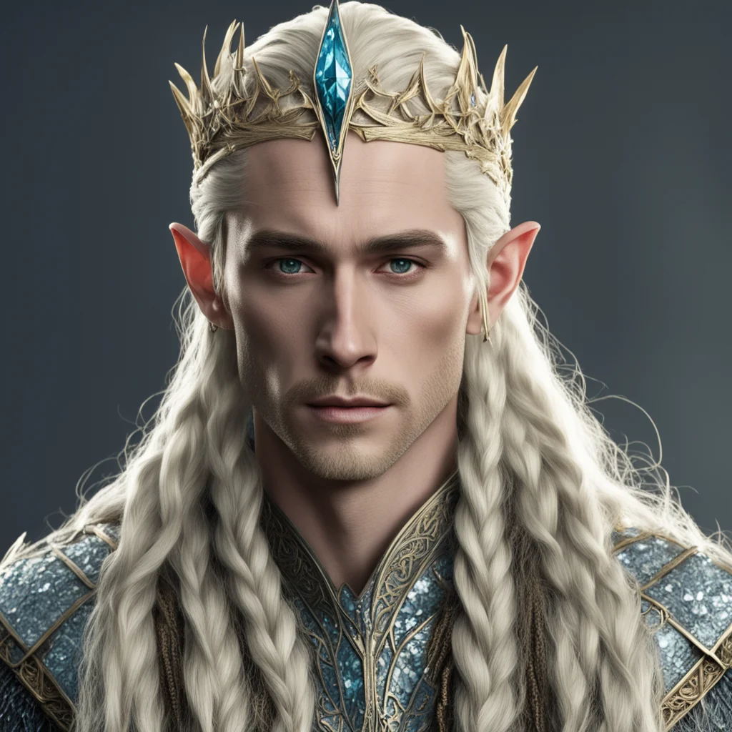 king thranduil with blond hair and braids wearing small simple elvish circlet heavily encrusted with large diamonds confident engaging wow artstation art 3