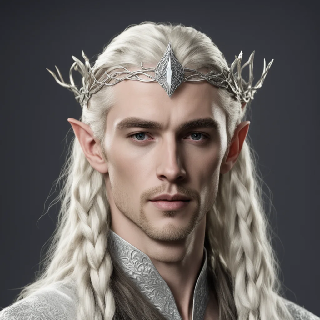 king thranduil with blond hair and braids wearing small simple silver vine silver sindaran elvish circlet with large center diamond  confident engaging wow artstation art 3