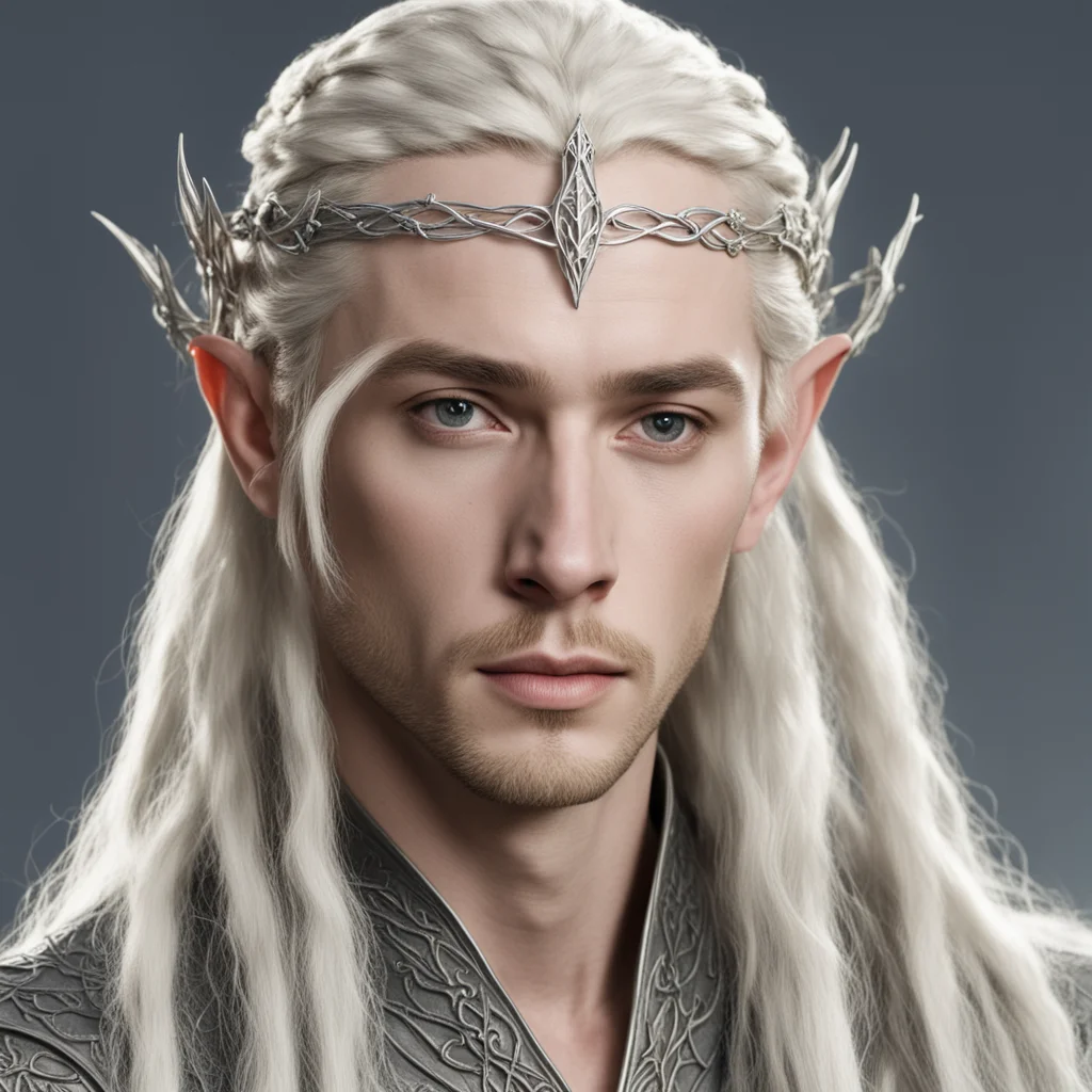 king thranduil with blond hair and braids wearing small simple silver vine silver sindaran elvish circlet with large center diamond 