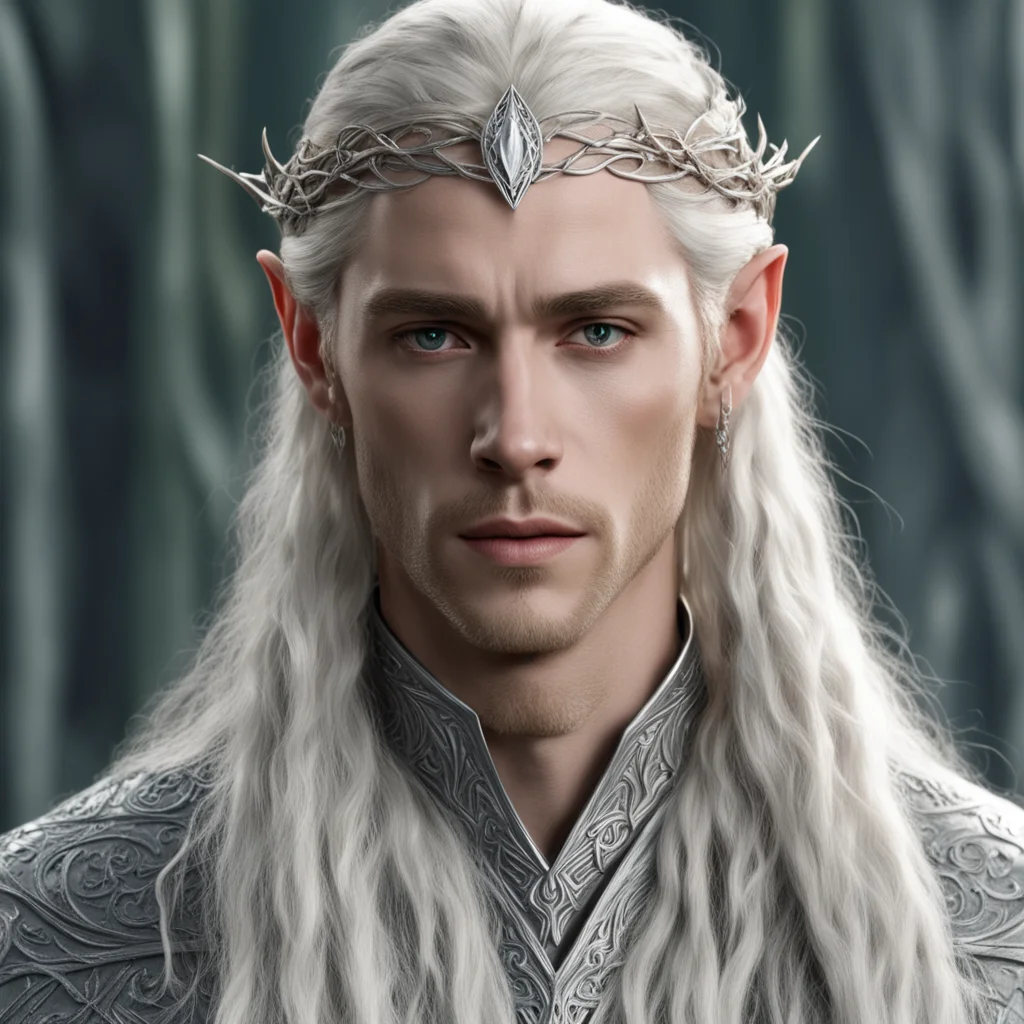 king thranduil with blond hair and braids wearing small simple silver vine silver sindaran elvish circlet with large center diamond confident engaging wow artstation art 3