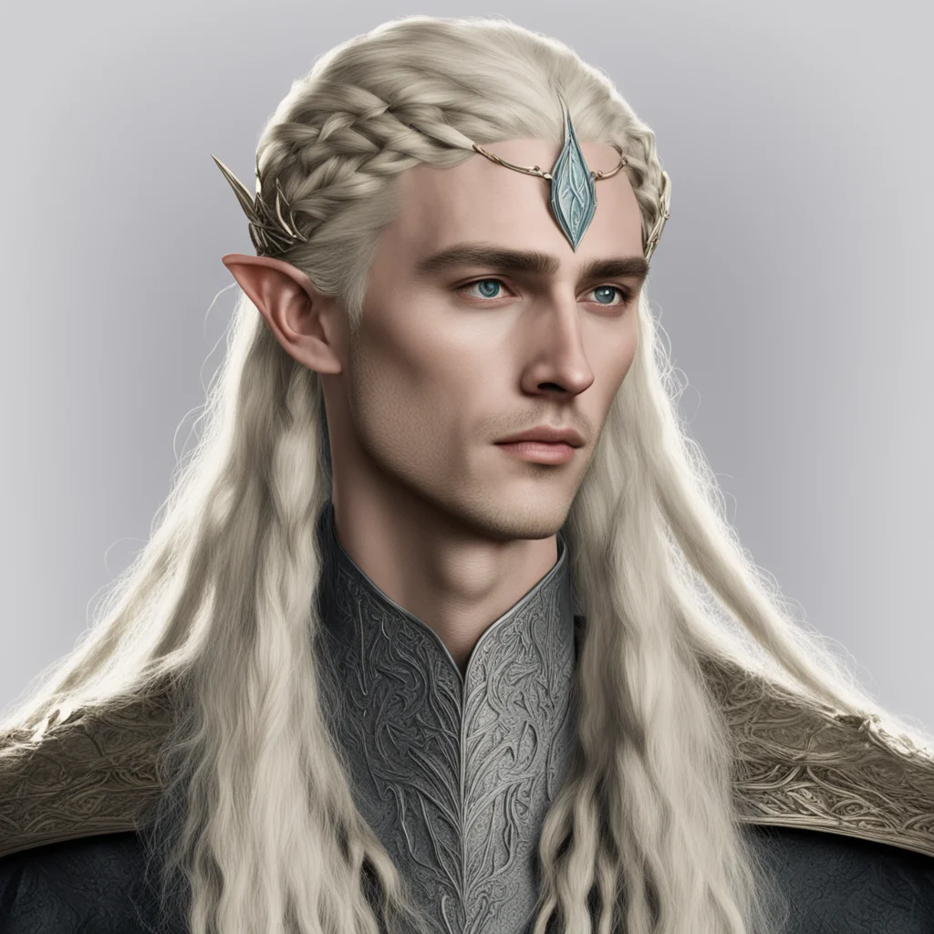 king thranduil with blond hair and braids wearing small thin nandorin elvish circlet with large center circular diamond  confident engaging wow artstation art 3