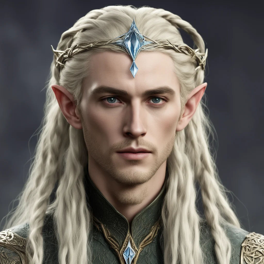 king thranduil with blond hair and braids wearing small thin nandorin elvish circlet with large center circular diamond  good looking trending fantastic 1