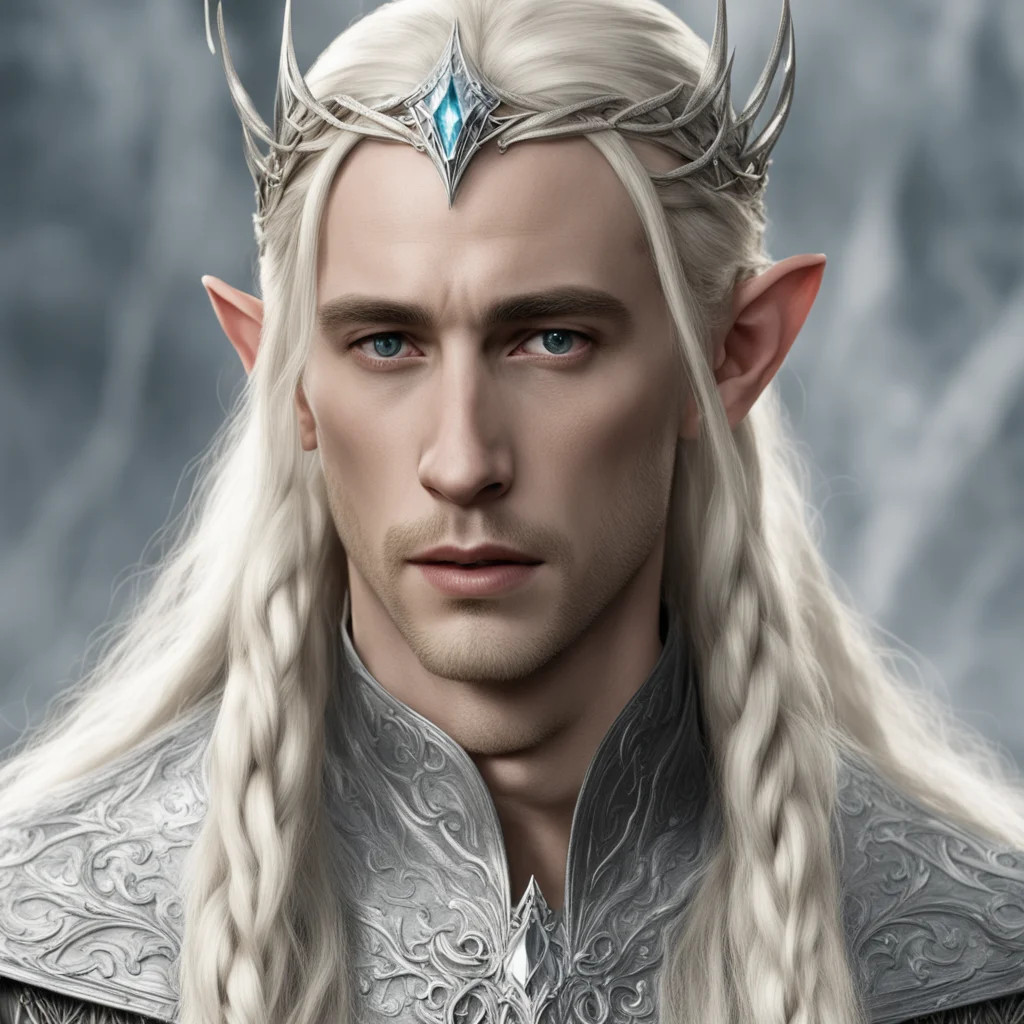 king thranduil with blond hair and braids wearing small thin silver elvish circlet with center diamond confident engaging wow artstation art 3