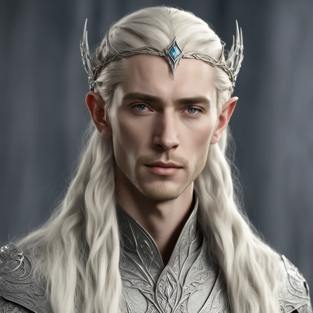 king thranduil with blond hair and braids wearing small thin silver elvish circlet with center diamond