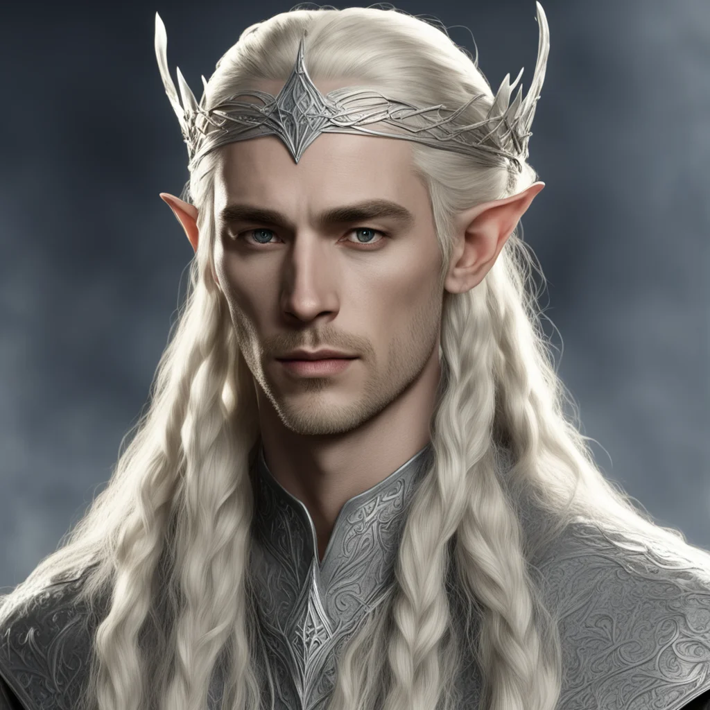 king thranduil with blond hair and braids wearing small thin silver elvish circlet with large center diamond 