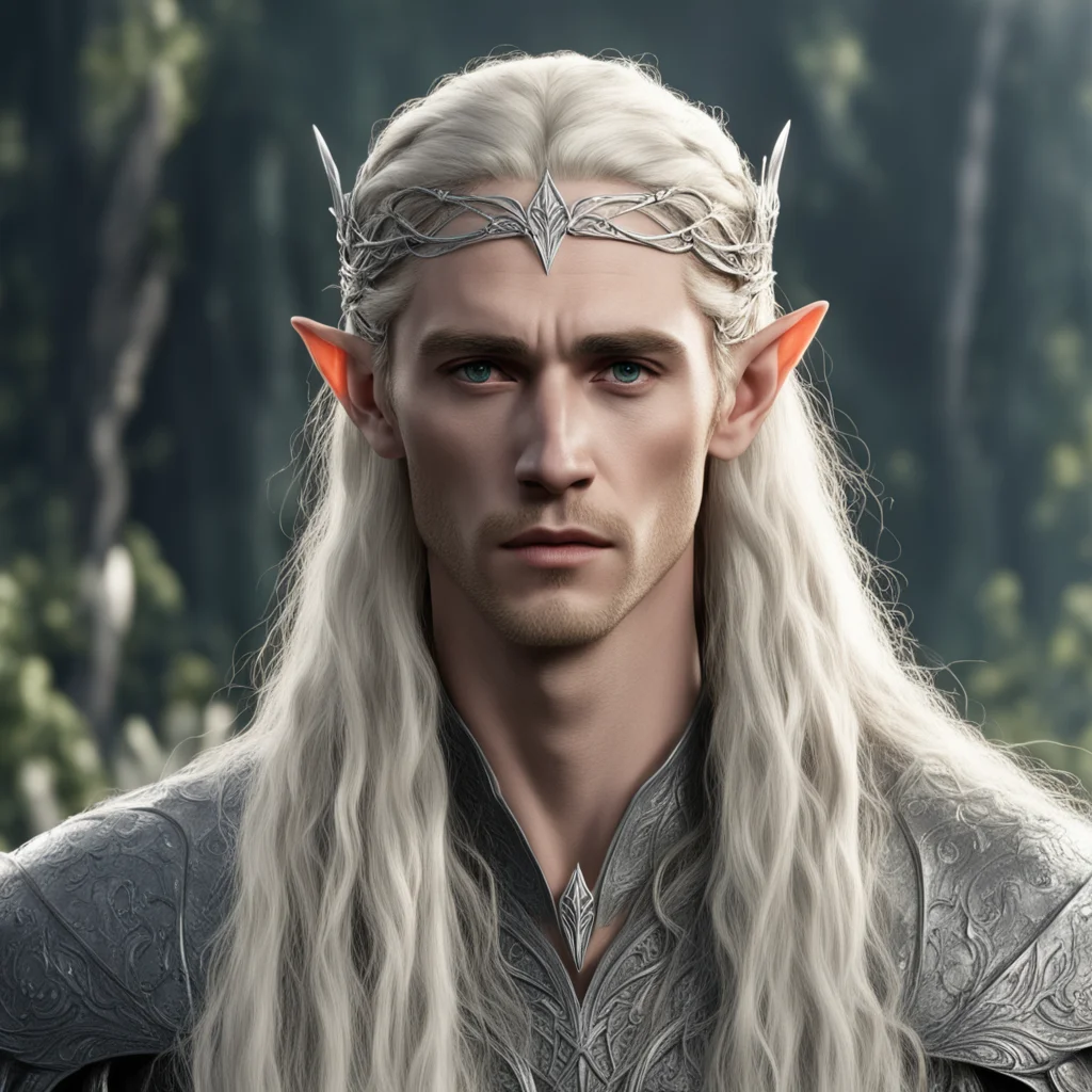 king thranduil with blond hair and braids wearing small thin silver elvish circlet with large center diamond
