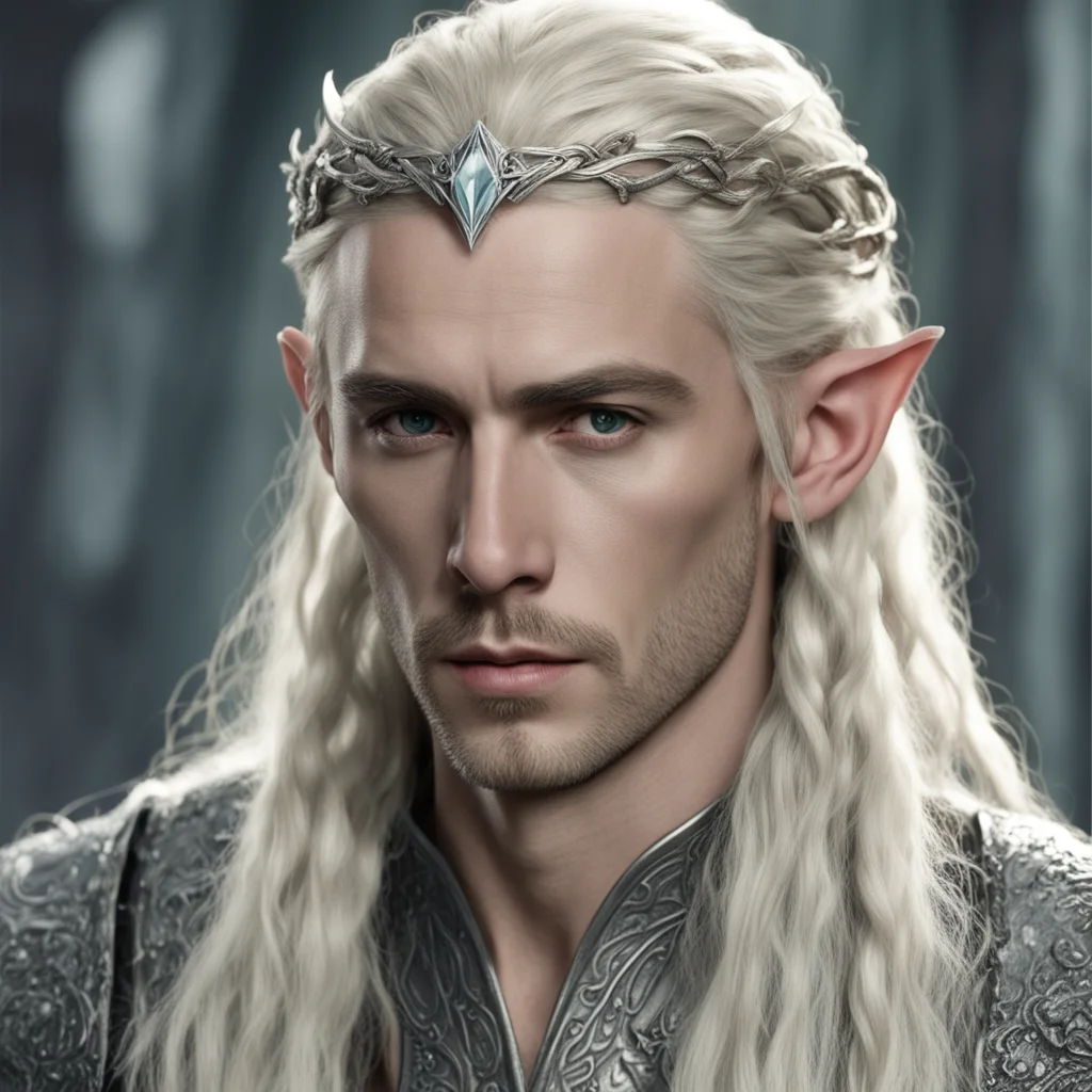 king thranduil with blond hair and braids wearing small thin silver serpentine elvish circlet with large center diamond amazing awesome portrait 2