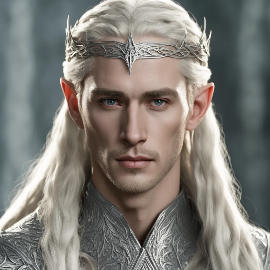 king thranduil with blond hair and braids wearing small thin silver sindarin elvish circlet with center diamond  confident engaging wow artstation art 3