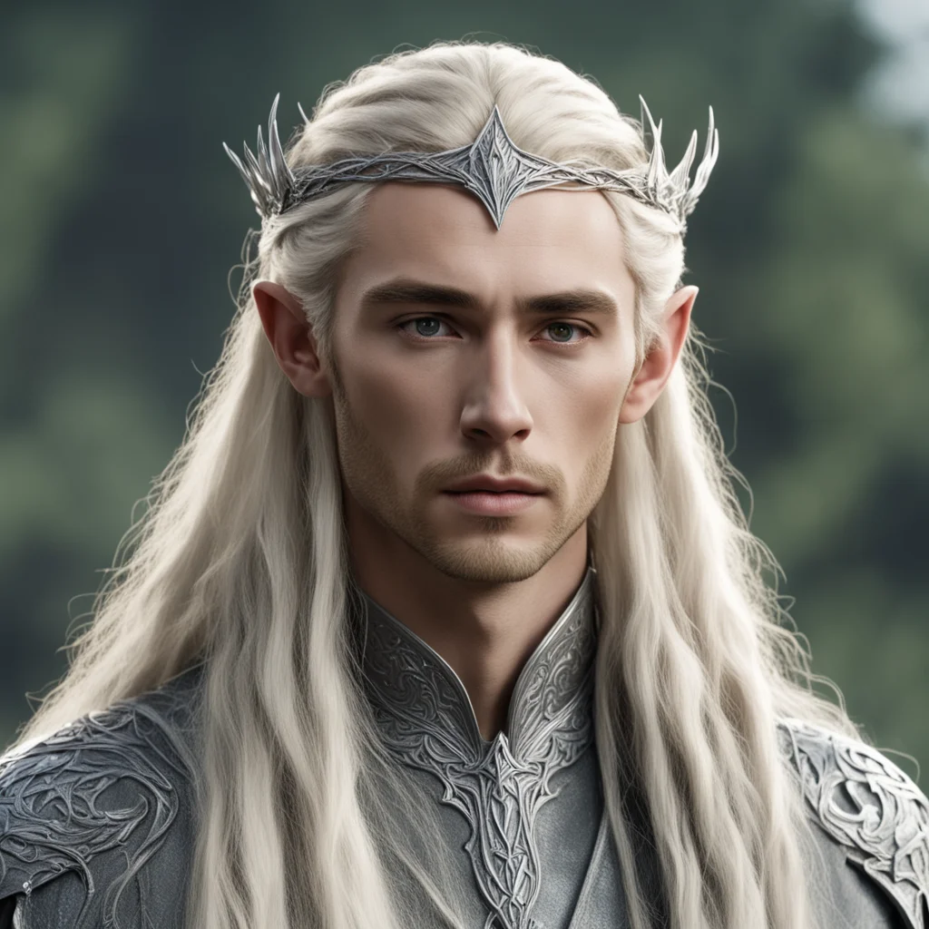 aiking thranduil with blond hair and braids wearing small thin silver sindarin elvish circlet with center diamond  good looking trending fantastic 1