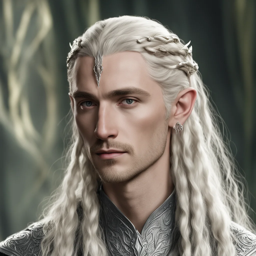 king thranduil with blond hair and braids wearing small thin silver sindarin elvish circlet with diamond in the center amazing awesome portrait 2
