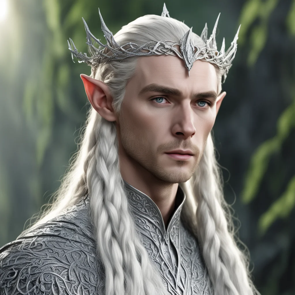 king thranduil with blond hair and braids wearing small thin silver vine encrusted with diamonds to form silver elvish circlet with large center diamond amazing awesome portrait 2