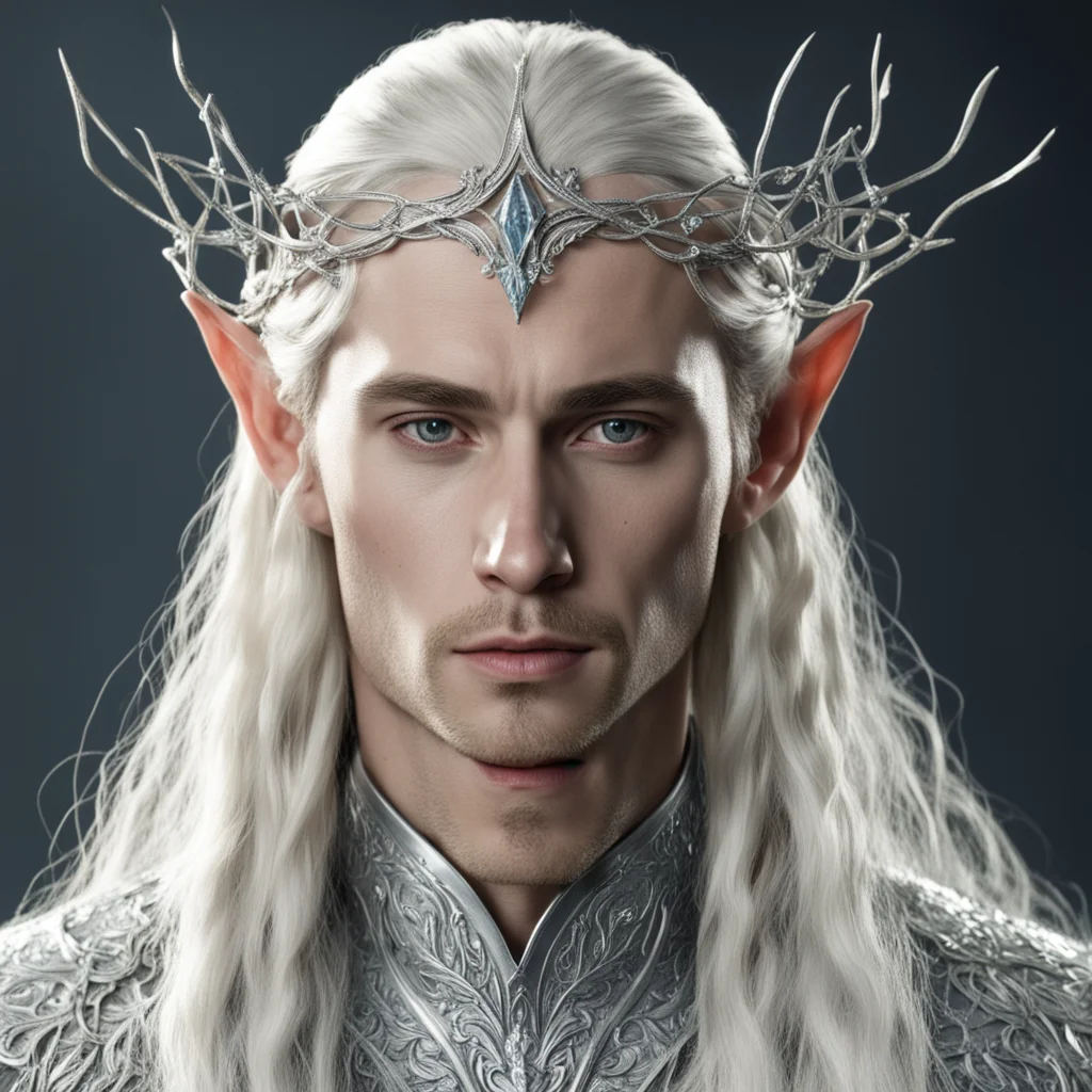 king thranduil with blond hair and braids wearing small thin silver vine encrusted with diamonds to form silver elvish circlet with large center diamond confident engaging wow artstation art 3