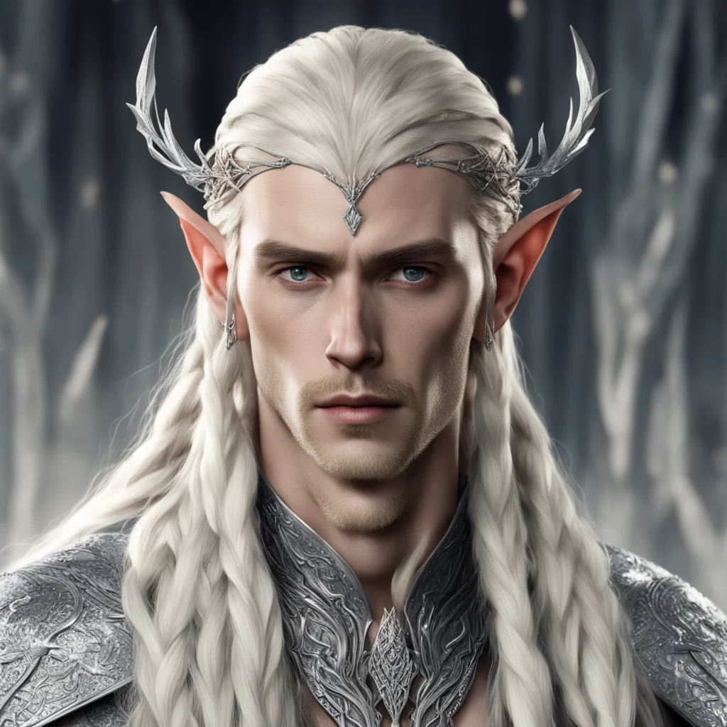 king thranduil with blond hair and braids wearing stings of diamonds on braids with small silver nandorin elvish circlet with large center diamond  amazing awesome portrait 2