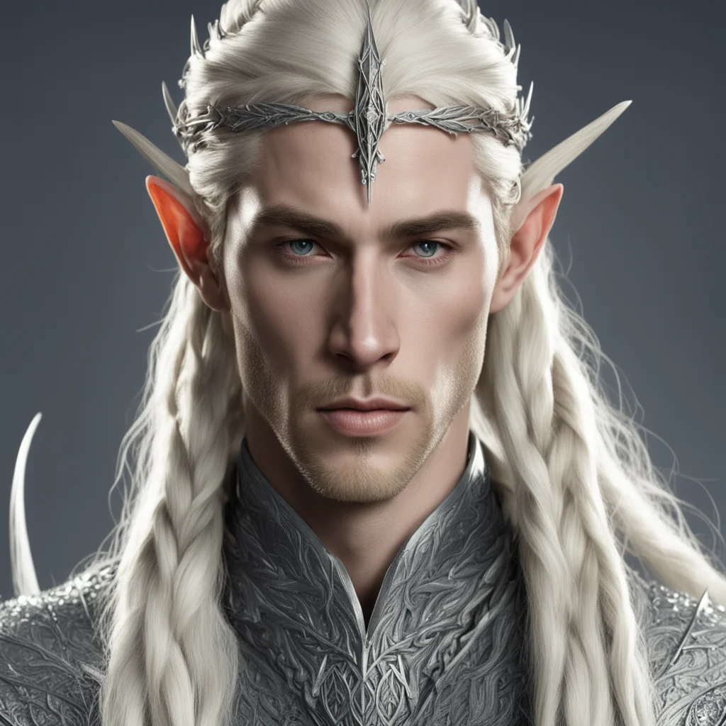 aiking thranduil with blond hair and braids wearing stings of diamonds on braids with small silver nandorin elvish circlet with large center diamond  confident engaging wow artstation art 3
