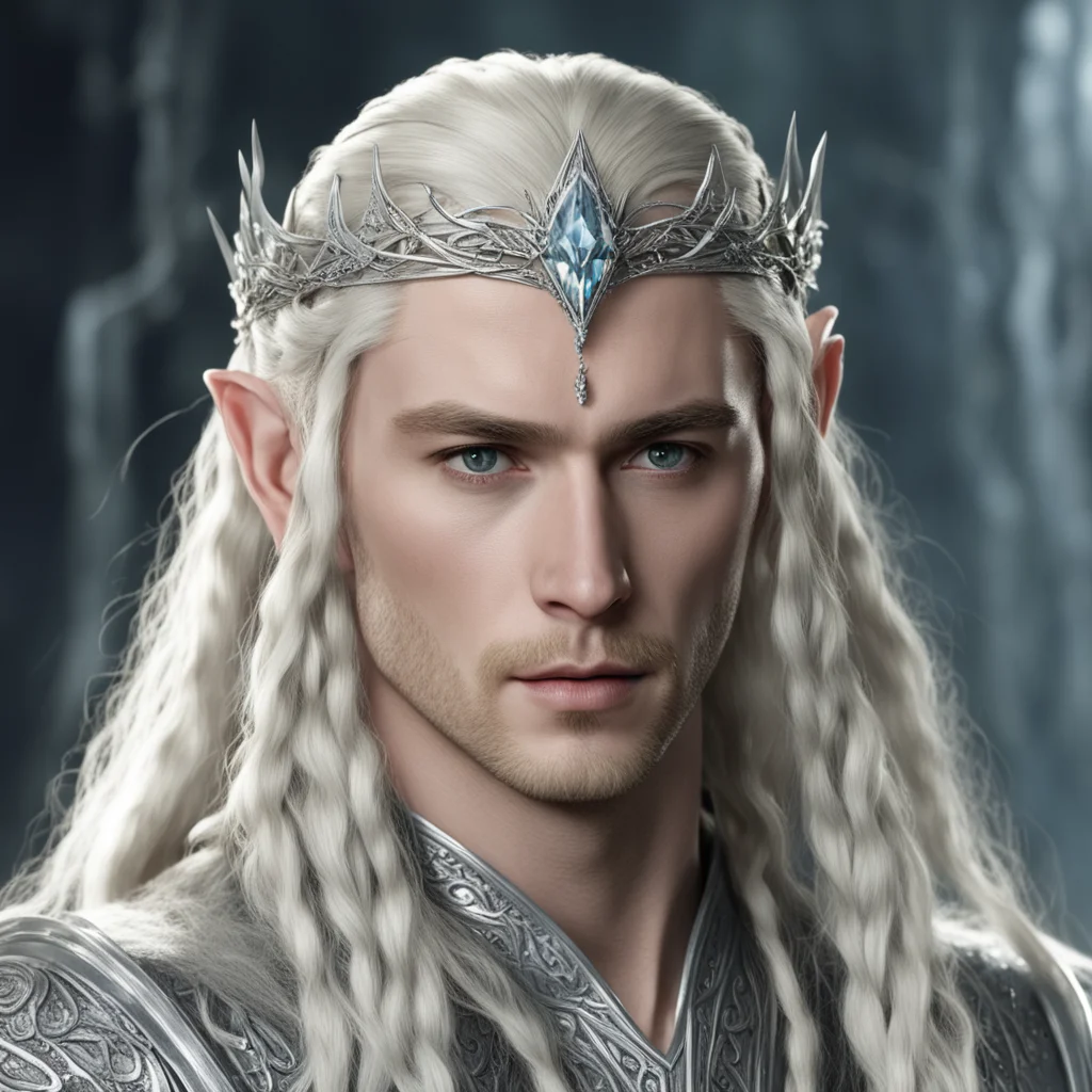 king thranduil with blond hair and braids wearing strings of silver and diamonds in the hair with silver elvish circlet with large center diamond cluster amazing awesome portrait 2