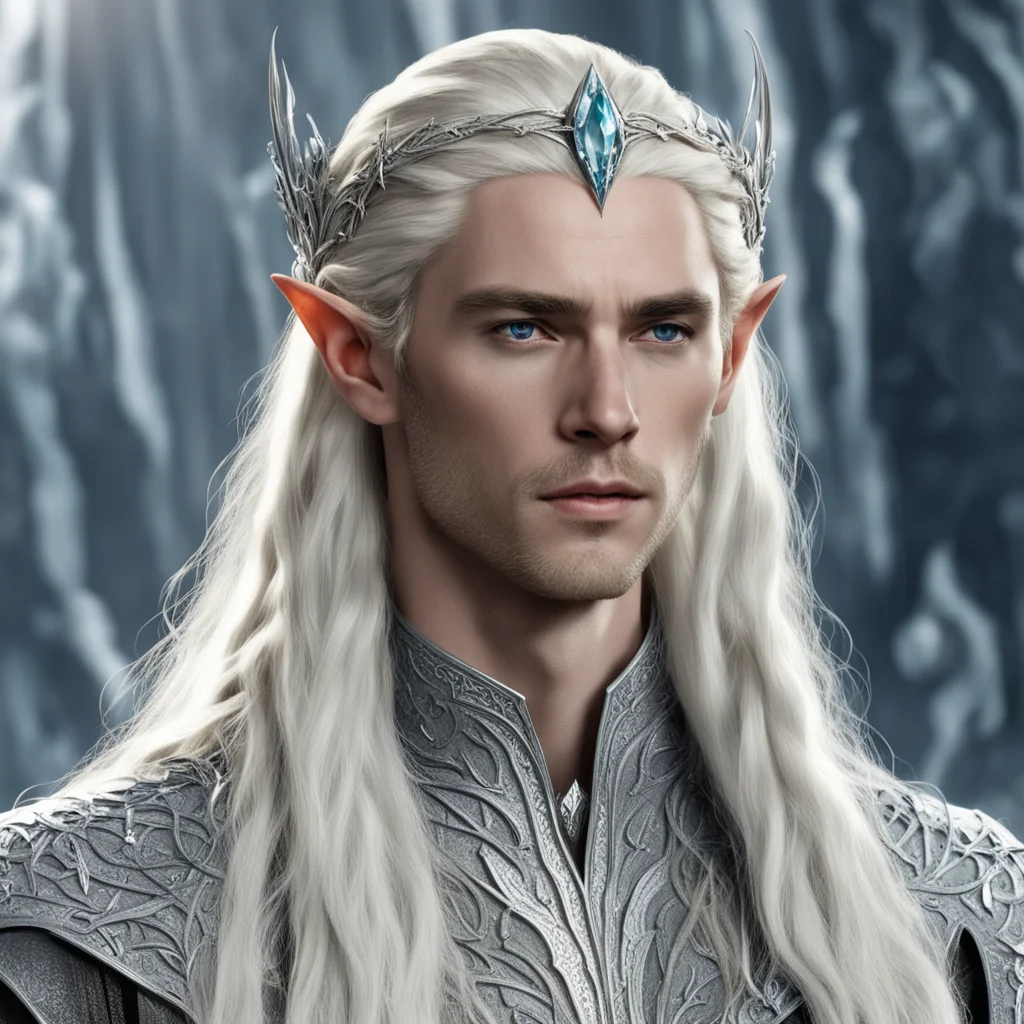 king thranduil with blond hair and braids wearing strings of silver and diamonds in the hair with silver elvish circlet with large center diamond cluster confident engaging wow artstation art 3