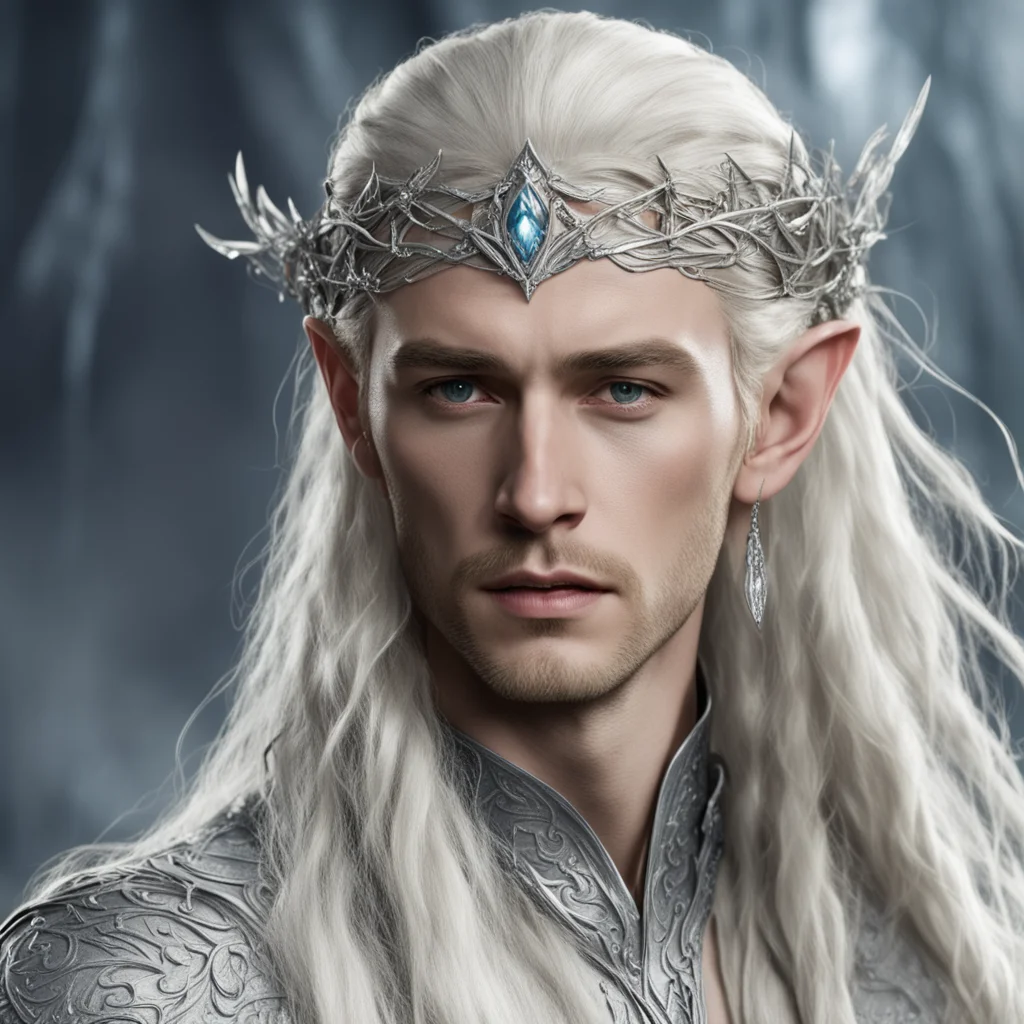 king thranduil with blond hair and braids wearing strings of silver and diamonds in the hair with silver elvish circlet with large center diamond cluster good looking trending fantastic 1