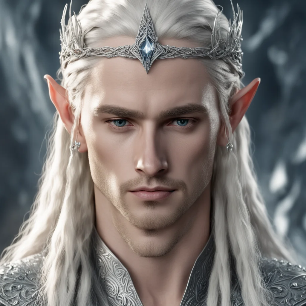 king thranduil with blond hair and braids wearing strings of silver and diamonds in the hair with silver elvish circlet with large center diamond cluster