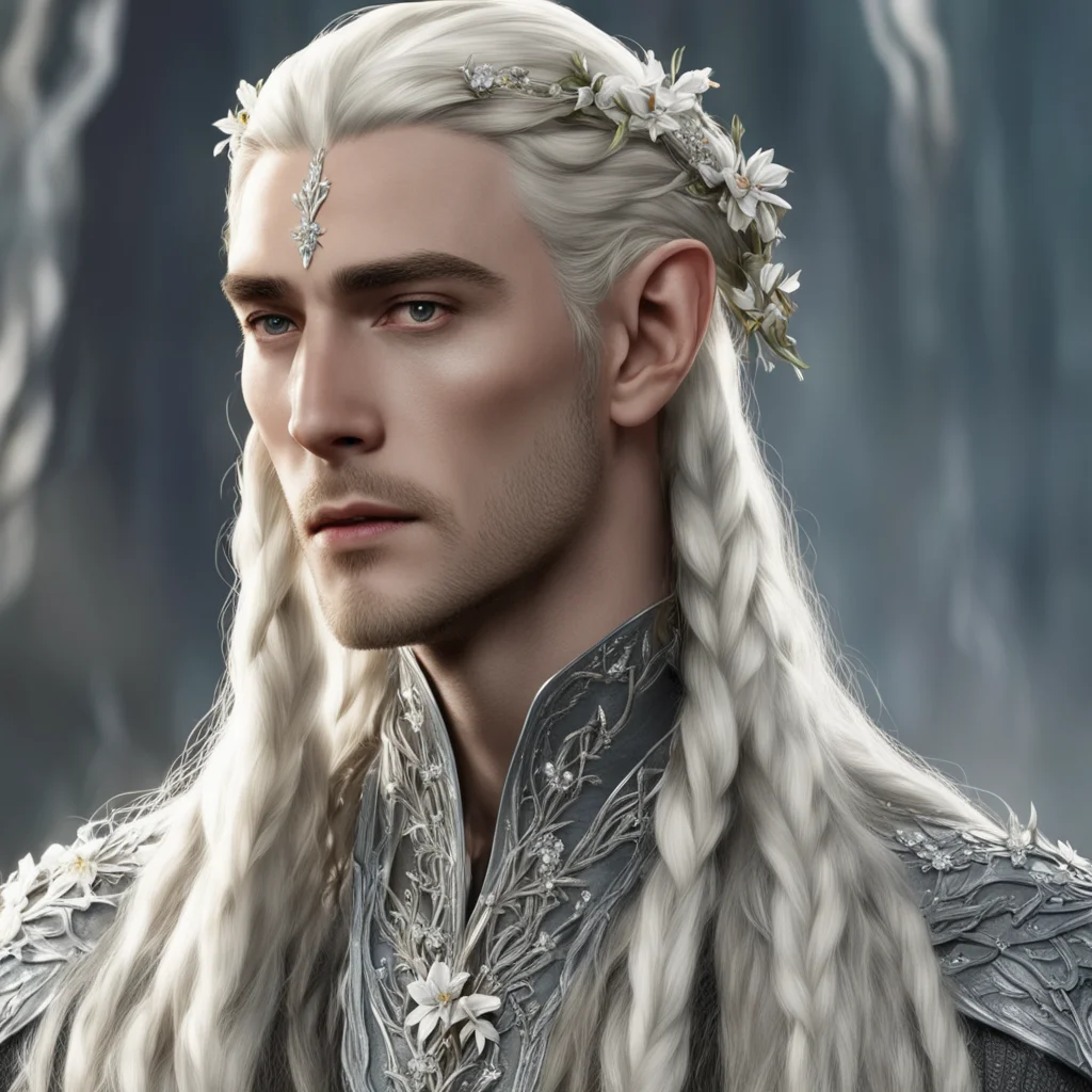 king thranduil with blond hair and braids wearing strings of silver with flowers of diamonds in the hair amazing awesome portrait 2